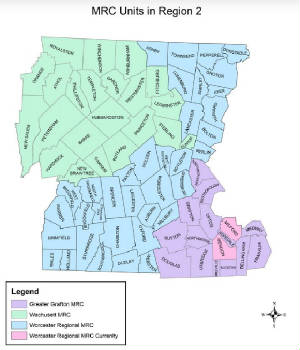 Map showing communities serviced by each Central Massachusetts Medical Reserve Corps. Click tgo enlarge in new window.